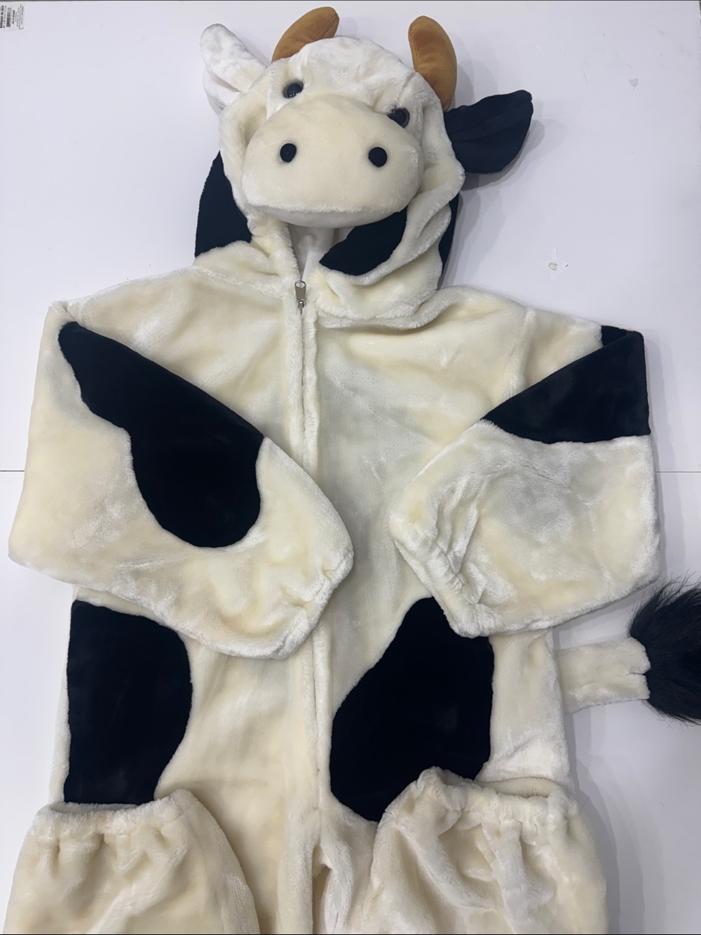 🐮 Plush Cow Hooded Bodysuit Costume – Kids Large | Cream & Black – Est. 5-7 Yrs